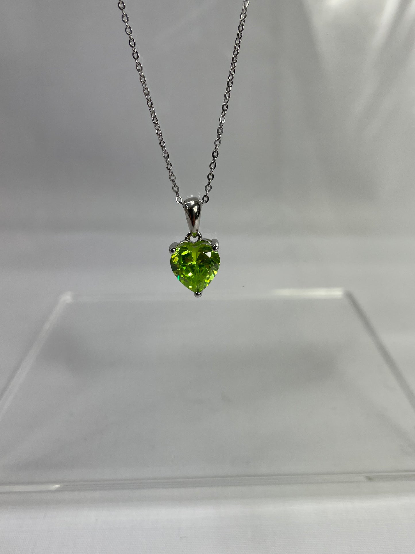 Sterling Silver Necklace with LIGHT GREEN Cubic Zirconia Heart Pendant