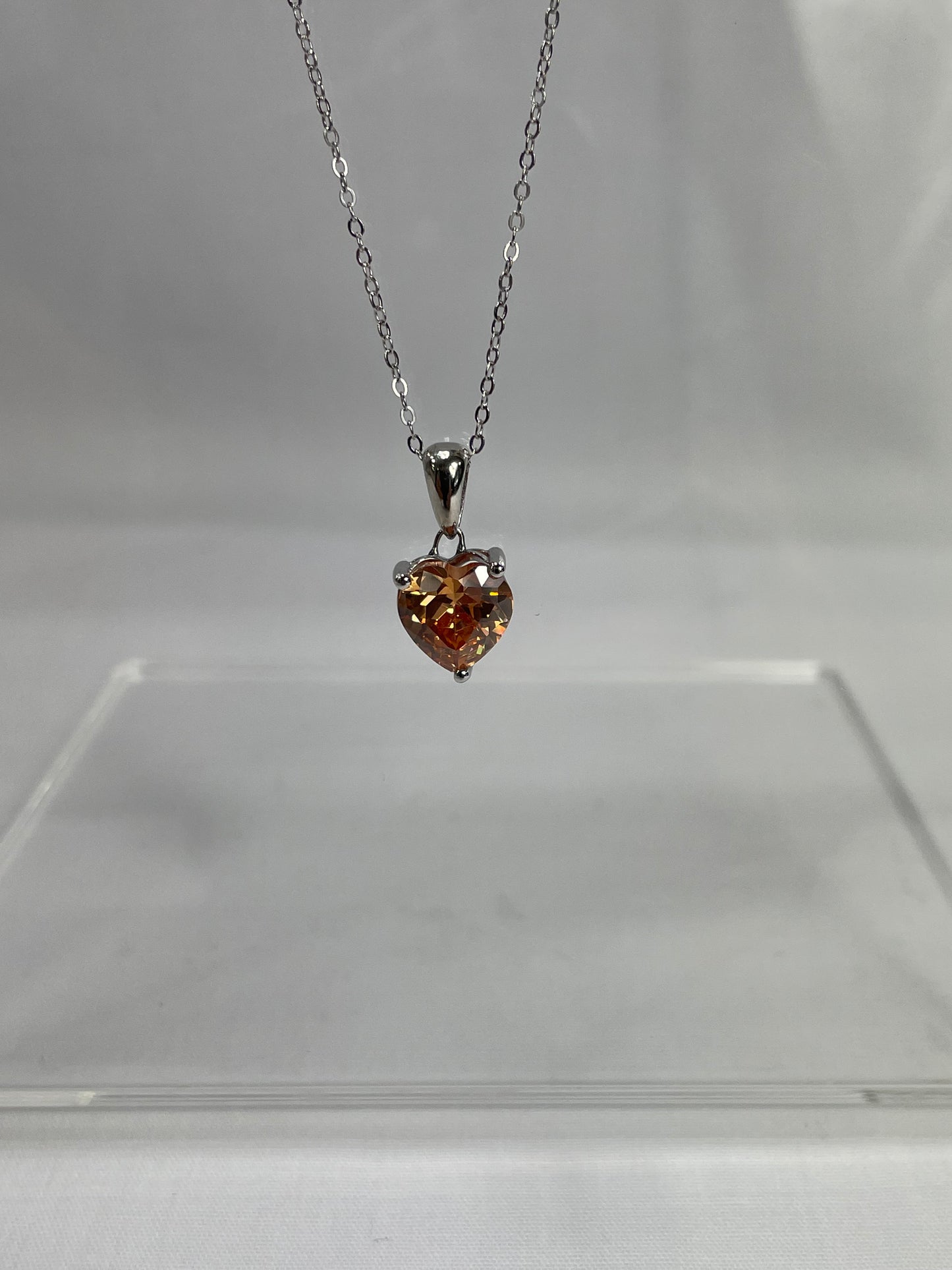 Sterling Silver Necklace with PEACH Cubic Zirconia Heart Pendant