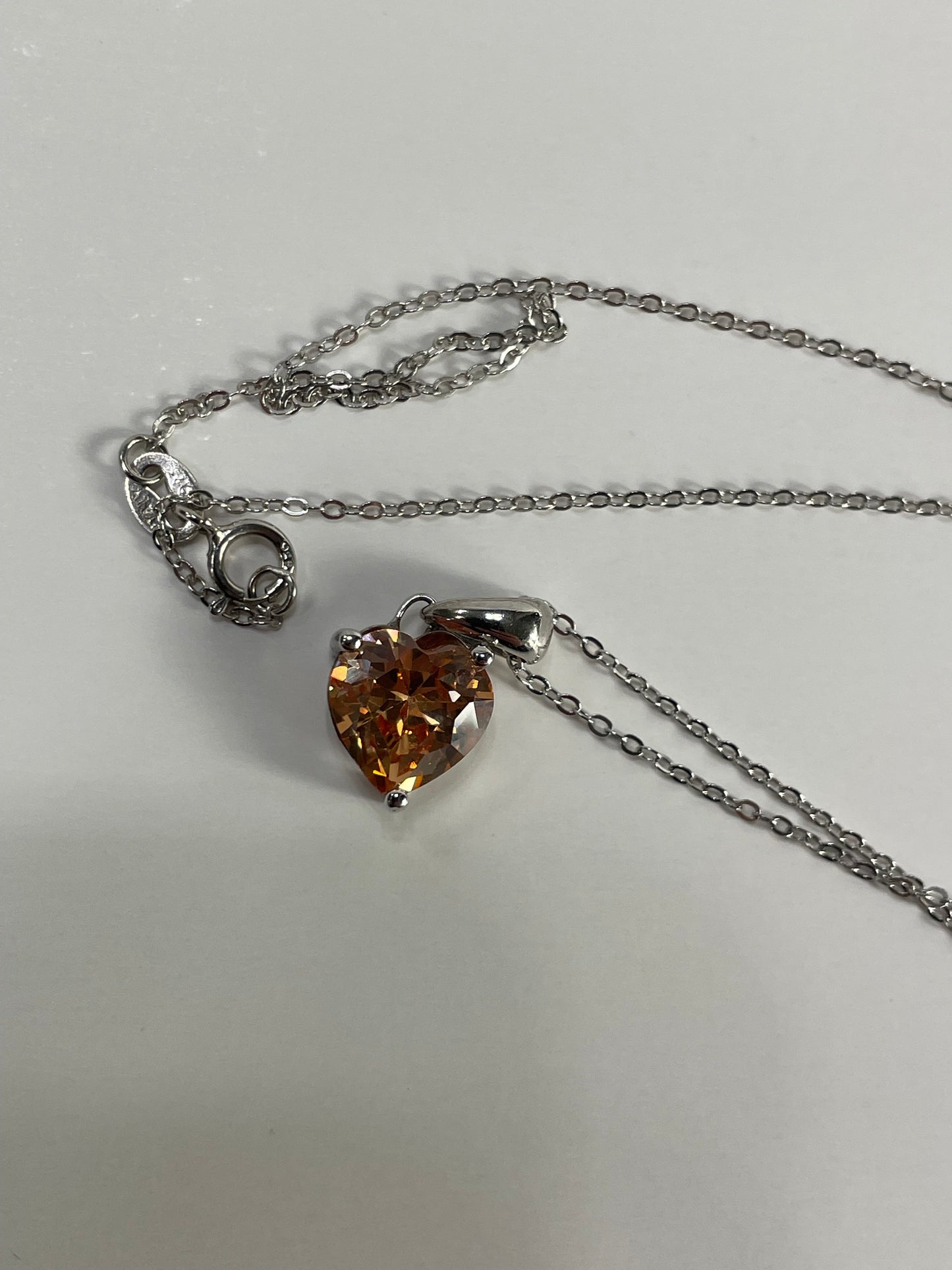 Sterling Silver Necklace with PEACH Cubic Zirconia Heart Pendant