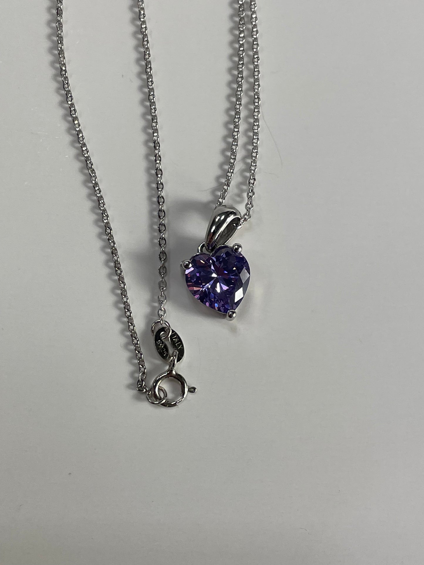 Sterling Silver Necklace with PURPLE Cubic Zirconia Heart Pendant