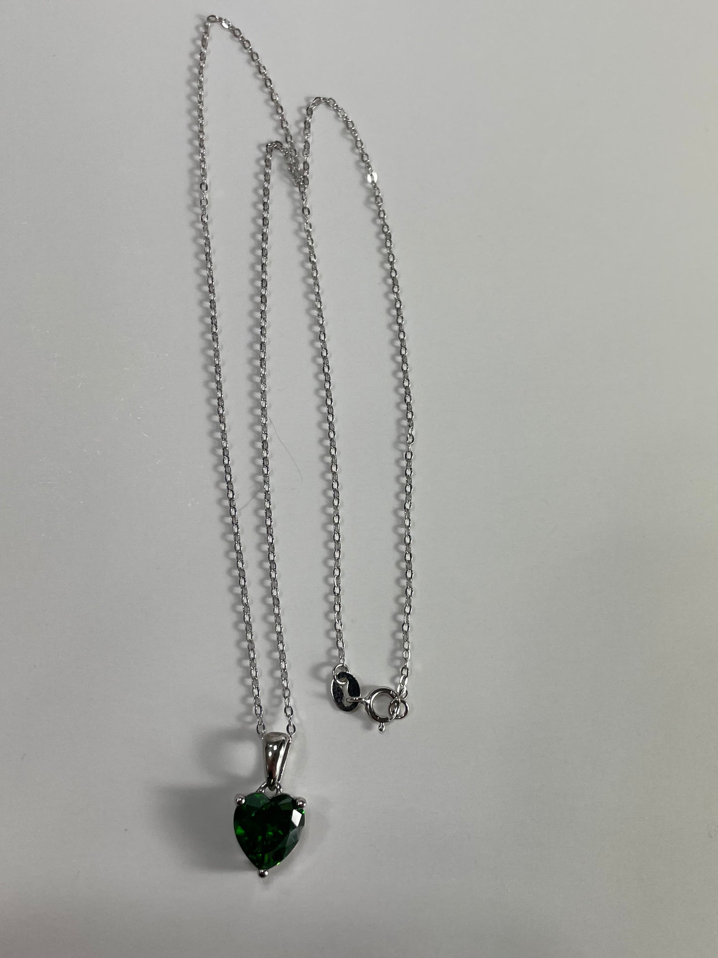 Sterling Silver Necklace with GREEN Cubic Zirconia Heart Pendant