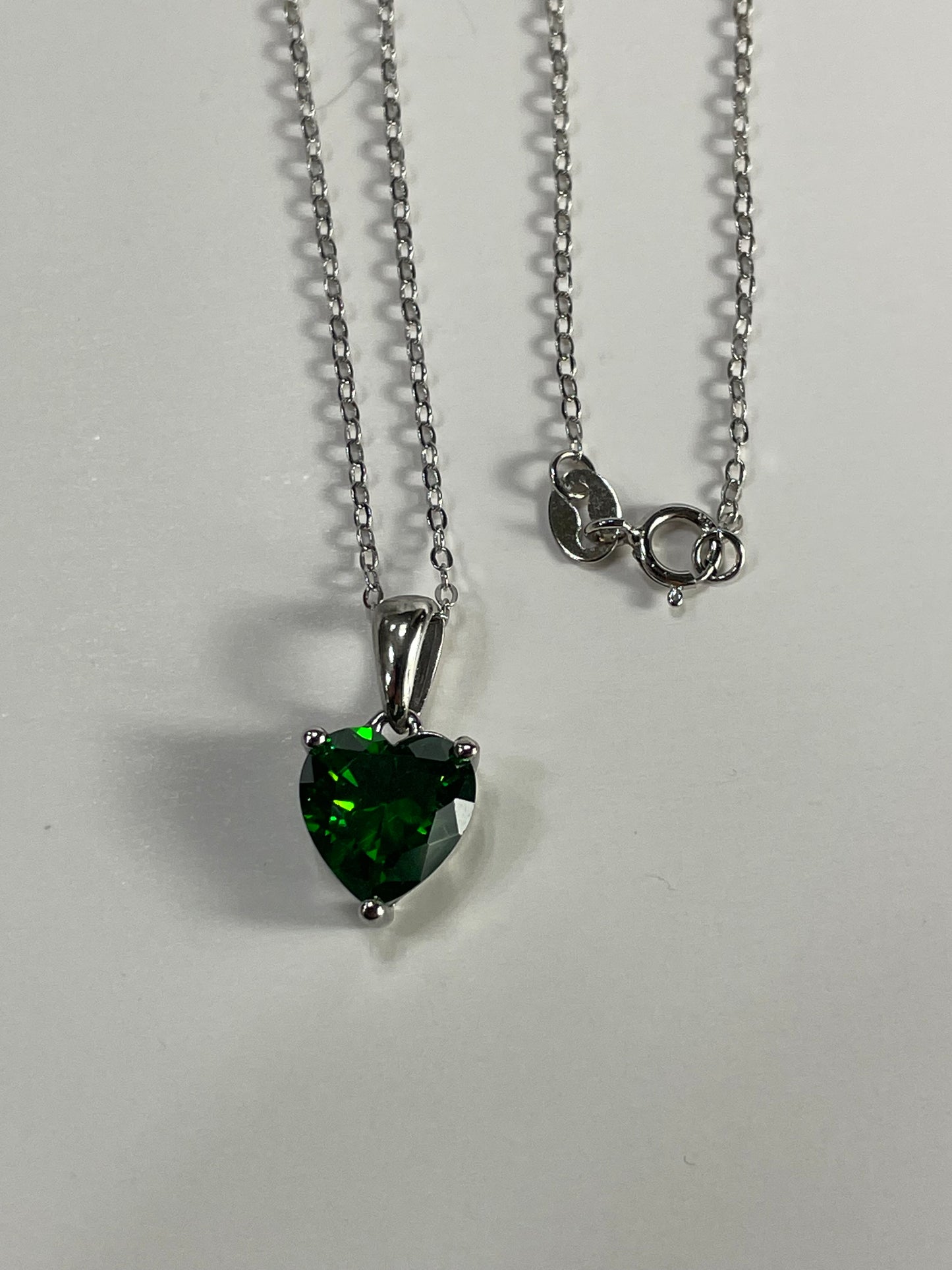 Sterling Silver Necklace with GREEN Cubic Zirconia Heart Pendant