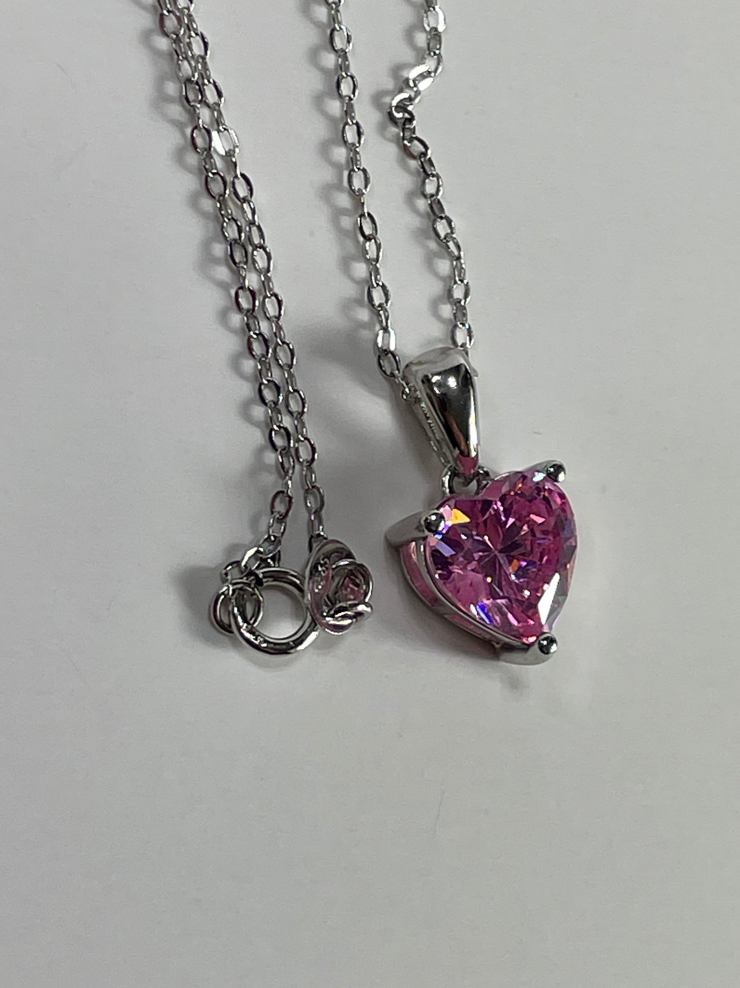 Sterling Silver Necklace with PINK Cubic Zirconia Heart Pendant