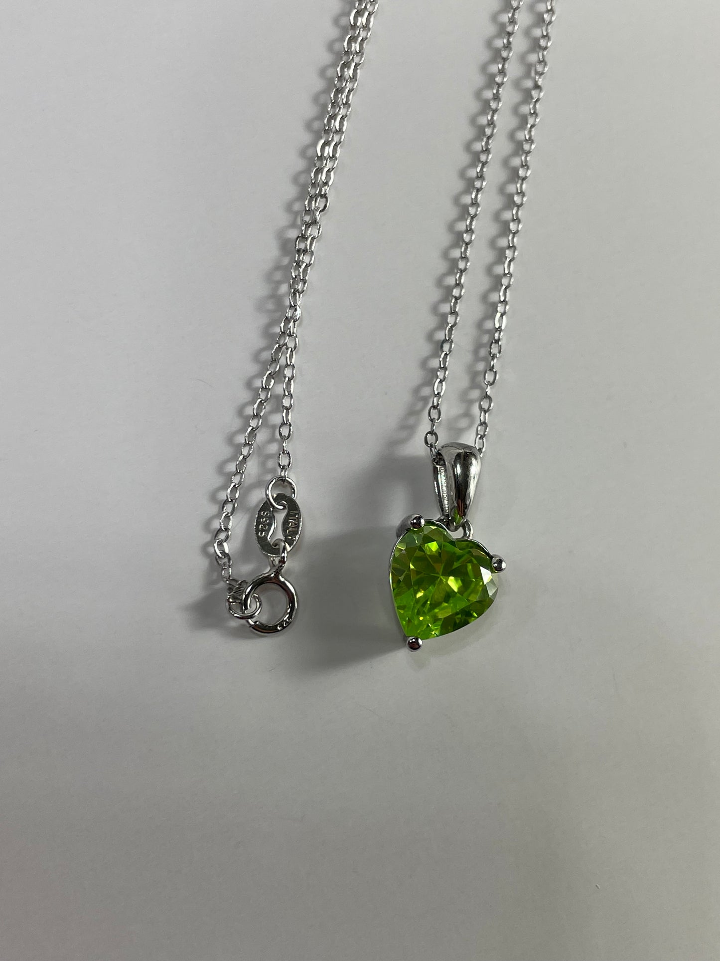 Sterling Silver Necklace with LIGHT GREEN Cubic Zirconia Heart Pendant