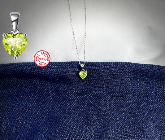 Sterling Silver Necklace with LIGHT GREEN Cubic Zirconia Heart Pendant