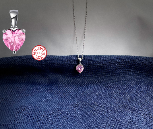 Sterling Silver Necklace with PINK Cubic Zirconia Heart Pendant