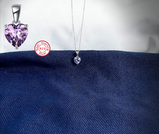 Sterling Silver Necklace with PURPLE Cubic Zirconia Heart Pendant