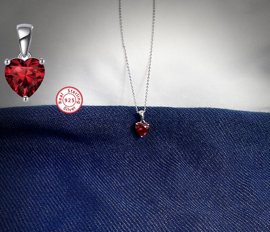 Sterling Silver Necklace with RED Cubic Zirconia Heart Pendant