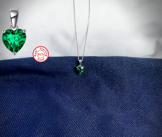 Sterling Silver Necklace with GREEN Cubic Zirconia Heart Pendant