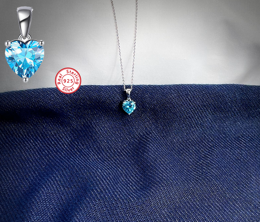 Sterling Silver Necklace with LIGHT BLUE Cubic Zirconia Heart Pendant