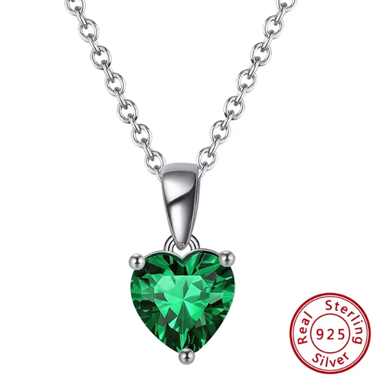 Sterling Silver Necklace with GREEN Cubic Zirconia Heart Pendant