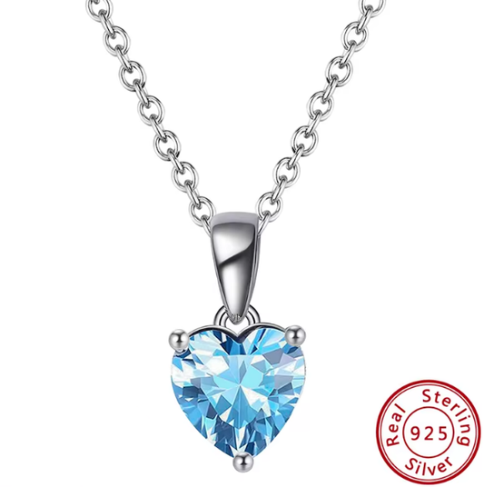 Sterling Silver Necklace with LIGHT BLUE Cubic Zirconia Heart Pendant