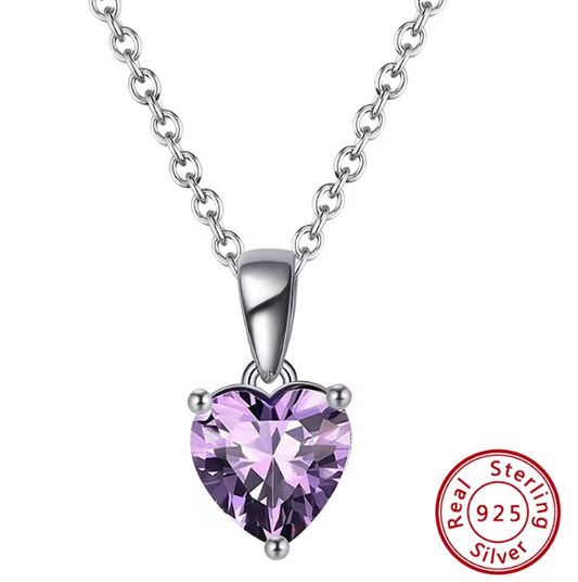 Sterling Silver Necklace with PURPLE Cubic Zirconia Heart Pendant